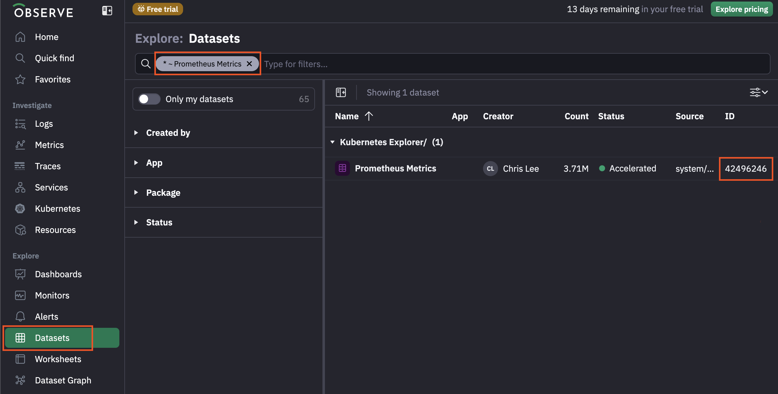 Find Prometheus Metrics Dataset ID